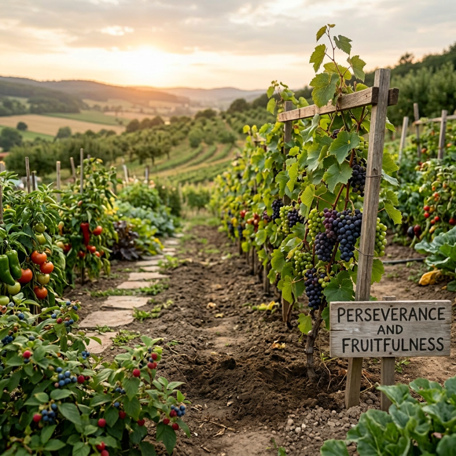 Woman harvesting ripe grapes in a vineyard with a sign reading Perseverance and Fruitfulness